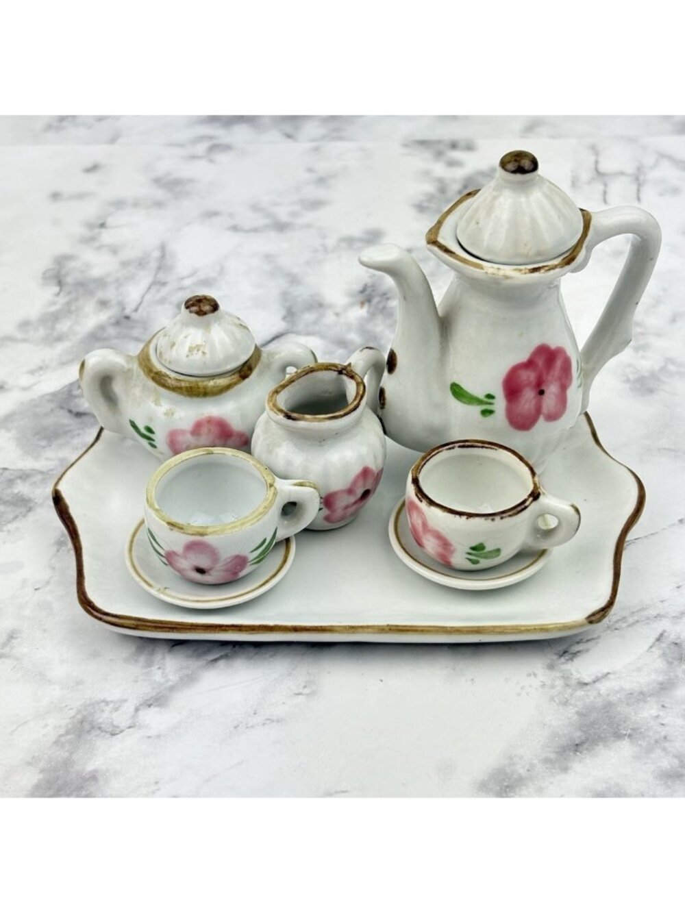 10 Piece Miniature Tea Set Pink Rose Floral Collectible Hand Painted China